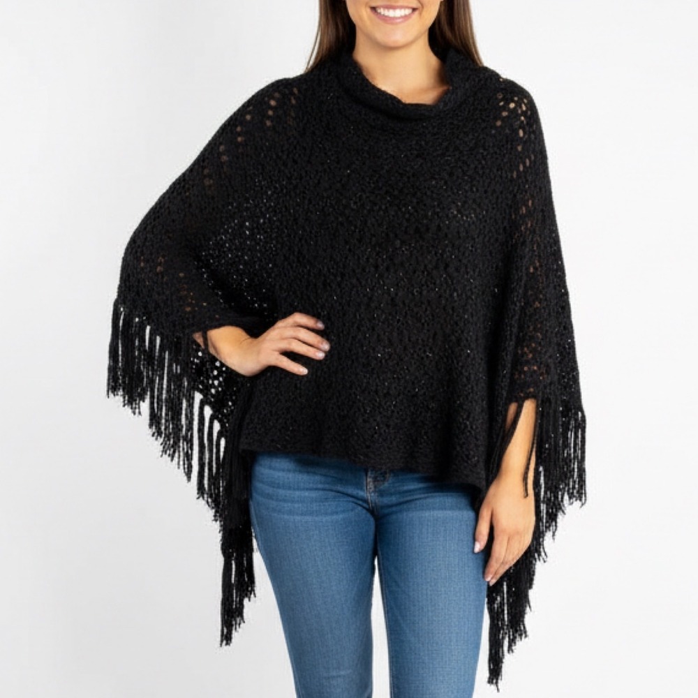 One‎ Size Black Fringe Poncho Shawl Sequin Embellished Whimsigoth Dark Fairy